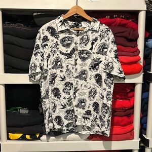 Vintage Ed Hardy Flashboard‎ Tattoo All Over Print Polo White Mens Large Shirt